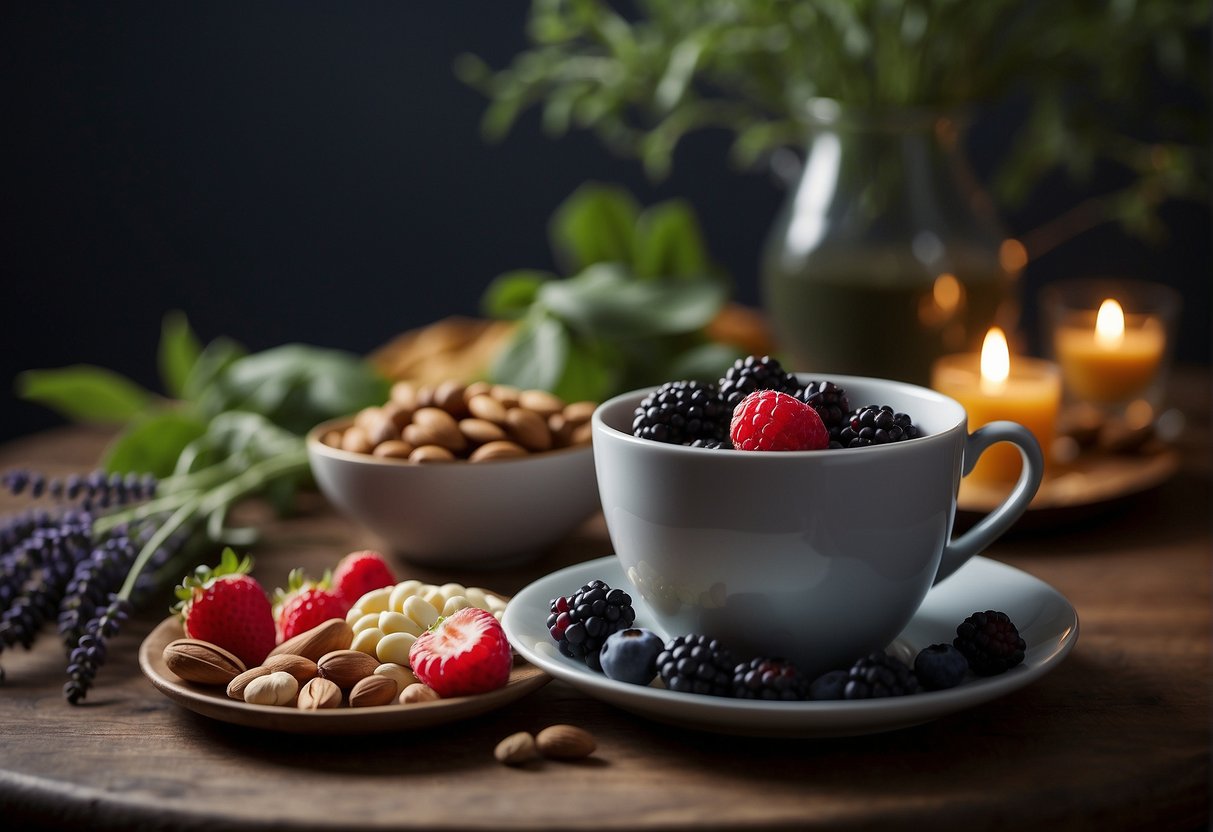 A variety of superfoods like berries, nuts, and leafy greens arranged on a table, surrounded by calming elements like a cup of herbal tea and a lavender plant @Mentaline.com